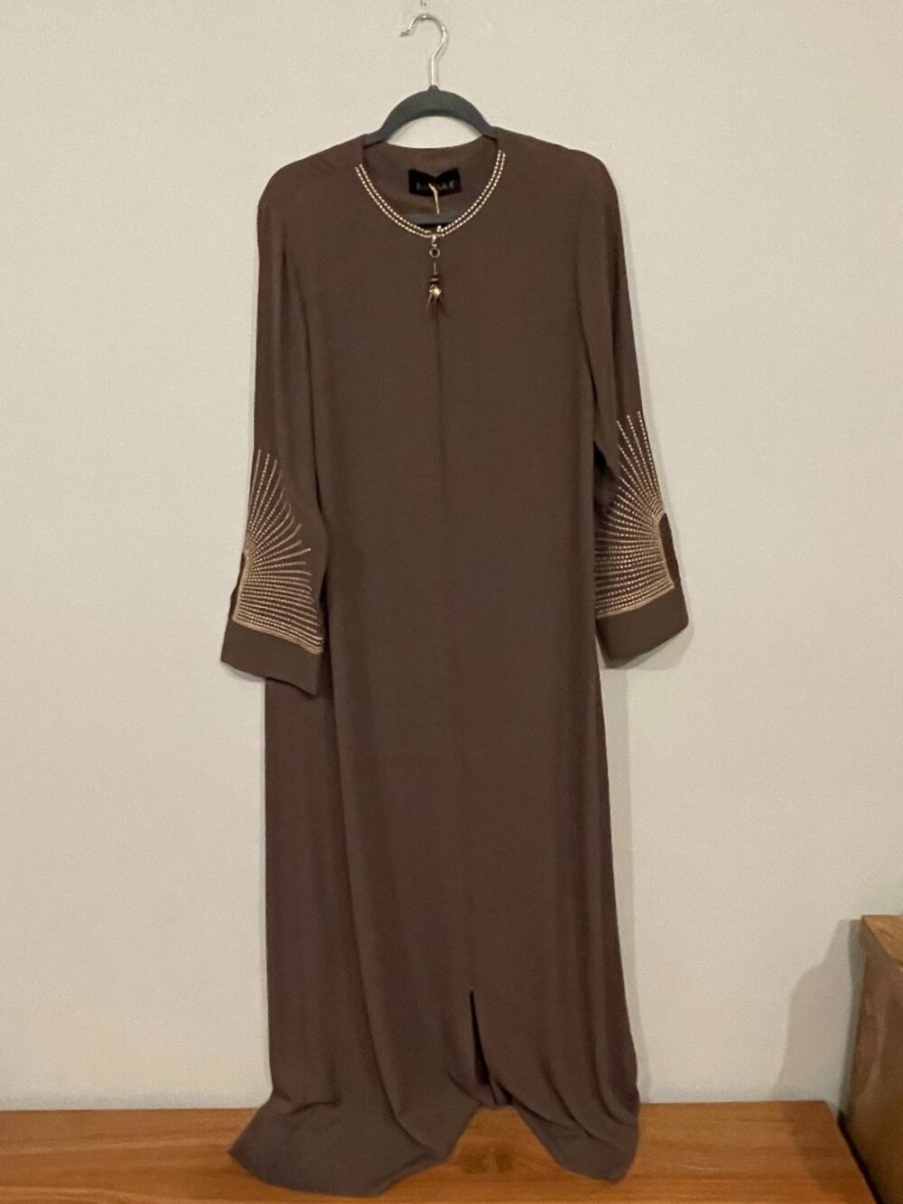 Fazara Alameera Fashion Brown Gold Embellished Abaya Size 44 NWT